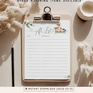 Groen bos cadeaulijst blad afdrukbaar bos dier bos baby shower aandenken afdrukbaar (Instant Download) 1060