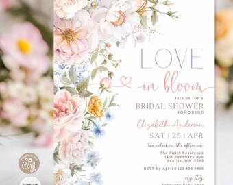 Invitación para brunch nupcial Love in Bloom: Fiesta en el jardín rosa y azul (Plantilla editable 654BR1 (1))