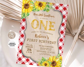 Sunflower 1st Birthday Invitation: Rustic Red Gingham Picnic Invite Template 251K1
