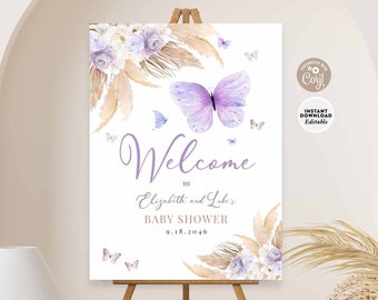 EDITABLE Girl Purple Lavender Boho Butterfly Baby Shower Sprinkle Welcome Sign Twin Shower Sign Printable Template Instant Download 08V1