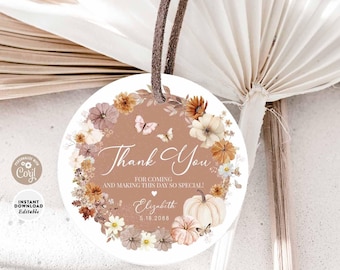 Fall Pumpkin Thank You Favor Tags: Autumn Wildflower Shower Stickers Labels Printable Template Editable