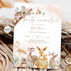 May include: A printable party invitation with a watercolour background featuring a koala, a kangaroo, an emu, a wombat, and a fox. The invitation is for a third birthday party and says "Calling all party animals".