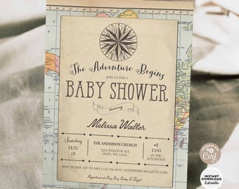 Editable Adventure Baby Shower Around the World Baby Vintage Travel Baby Shower Invite Printable Template Instant Download 1269 (7)
