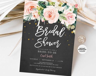 Editable Pink Bridal Shower Floral Blush Pink Gold Confetti Black Chic Modern Invitation Invite Printable Instant Download 891V1