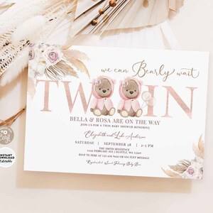 MODIFICABILE TWIN Pink Boho Twin Girls Bear Baby Shower Invitation We Can Bearly Wait Girl Twins Invite Printable Instant Download 400T8 (1)