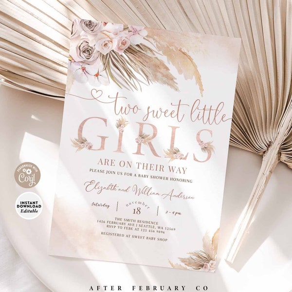 EDITABLE Pink Pampas Grass Boho Two Girls Twin Baby Shower Invitation Girl Boho Shower Invite Printable Template Instant Download 411V1 (6)