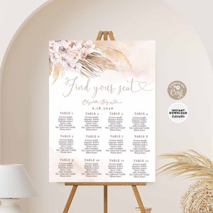 BEWERKBARE Boho roze pampagras baby shower zitplaatsen grafiek teken meisje Boho baby shower afdrukbare sjabloon Instant Download 411V1