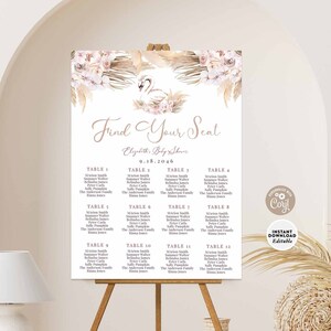 BEWERKBARE Boho Roze Pampas Gras Zwaan Baby Douche Zitplaatsen Grafiek Teken Meisje Boho Baby Shower Afdrukbare Sjabloon Instant Download 940V1