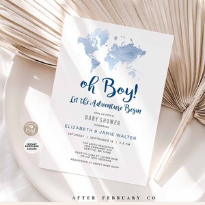 BEWERKBARE Oh Boy Adventure Baby Shower Uitnodiging Jongen Wereldkaart Reizen Thema Baby Shower Uitnodigen Digitale Afdrukbare Instant Download 96V3 (1)