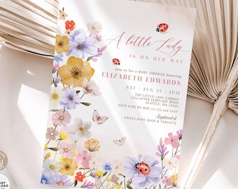 Invitación editable para baby shower de mariquita: Plantilla de invitación para baby shower de niña con flores silvestres 82V1 (1)