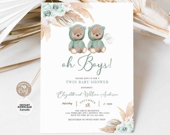 EDITABLE TWIN Sage Green Boho Bear Baby Shower Invitation Gender Neutral We Can Bearly Wait Invite Printable Instant Download 400T7 (2)