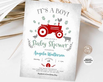 MODIFIABLE Red Tractor Boy Farm Barn Animal Red Gray Teal Couples Baby Shower Invitation Invitation Template Instant Download 586V3 (1)
