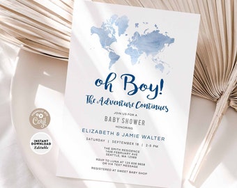 EDITABLE Oh Boy Adventure Baby Shower Invitation Boy World Map Travel Theme Baby Shower Invite Digital Printable Instant Download 96V3 (2)