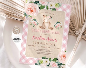 EDITABLE Teddy Bear Picnic Invitation Birthday Pink Gingham Picnic Park Girl Birthday Party Invite Printable Template Instant Download 1287