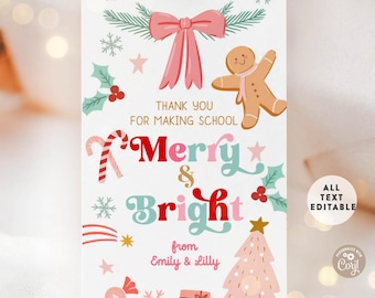 Christmas Teacher School Tag, Merry and Bright All Text Editable Printable Template 985 (2)