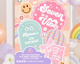 Groovy SEVEN is a Vibe 7th Birthday Party Invitation: Coquette Bow Invite Template 606K2 (7)