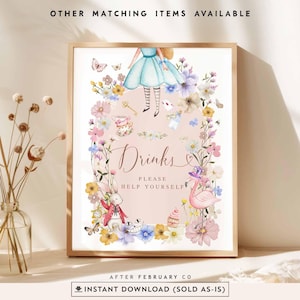 Alice in Wonderland Onederland Birthday Decor Drinks Sign Boho Wildflower Alice Decoration Signs Printable Instant Download 327K1