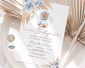 EDITABLE Blue Boho Bear Baby Shower Invitation Boy Teddy Bear We Can Bearly Wait Bear Invite Printable Template Instant Download 400V1 (2)