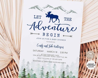 Editable Navy Moose Baby Shower Boy Arrow Mountain Adventure Tree Forest Rustic Moose Baby Printable Template Instant Download 681V2 (1)