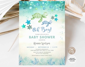 May include: Baby shower invitation with watercolor sea turtles, starfish, and aquatic plants. The invitation reads "Oh Boy!" and includes event details for Hanna Watson. The design is an editable template.