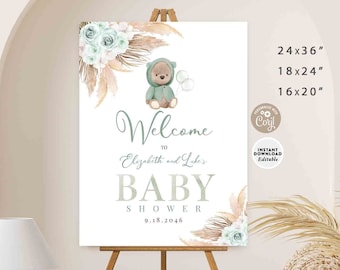 EDITABLE Boho SAGE GREEN Teddy Bear Baby Shower Welcome Sign Gender Neutral Boho Baby Shower Sign Printable Template Instant Download 400V4