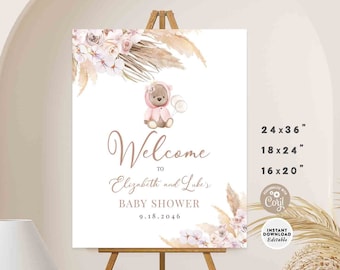 EDITABLE Boho Pink Teddy Bear Baby Shower Welcome Sign Girl Boho Baby Shower Welcome Sign Printable Template Instant Download 400V2