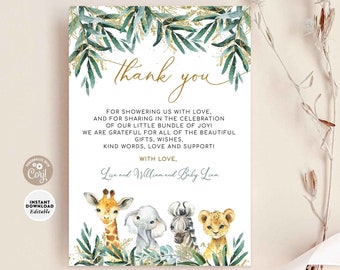 EDITABLE Safari Baby Shower Thank You Flat Note Card Gender Neutral African Jungle Thank You Card Printable Template Instant Download 197