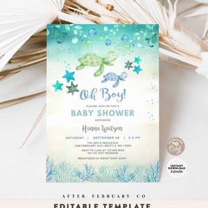 EDITABLE Sea Turtle Baby Boy Shower Invitation Oh Boy Mint Blue Teal Turtle Baby Shower Invite Digital Printable  Instant Download 1204 (4)