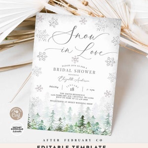 Winter Snow in Love Bridal Shower Invitations Invite Silver Gray Snowy Snowflake Digital Printable Template 272BR (1)