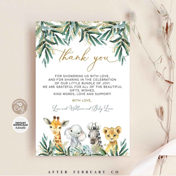 EDITABLE Safari Baby Shower Thank You Flat Note Card Gender Neutral African Jungle Thank You Card Printable Template Instant Download 197