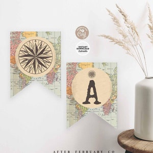 Puede incluir: Banner imprimible editable con un fondo de mapa del mundo vintage. El banner presenta una brújula y la letra A en un círculo. El banner es perfecto para una fiesta o evento con temática de viajes.