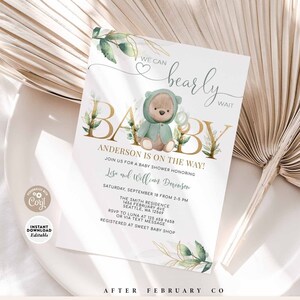 EDITABLE Greenery Gold Sage Green Boho Bear Baby Shower Invitation Bear We Can Bearly Wait Invite Printable Template Instant Download 1034V3