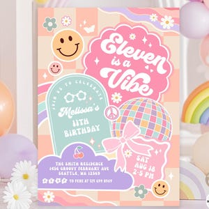 Groovy ELEVEN is a Vibe 11e verjaardagsuitnodiging: Coquette Bow Smile-uitnodigingssjabloon 606K2 (11)
