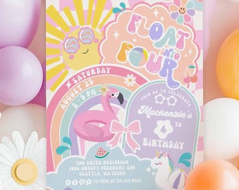 Szablon zaproszenia na 4. urodziny w basenie „Preppy Groovy Float into Four” 631K1 (4)