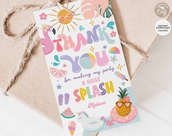 Bewerkbare poolparty bedankt Tags: Splish Splash afdrukbare sjabloon verjaardagscadeau 329K1