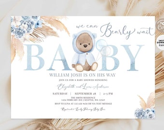 EDITABLE Blue Boho Bear Baby Shower Invitation Boy Teddy Bear We Can Bearly Wait Invite Printable Template Instant Download 400V1 (1)