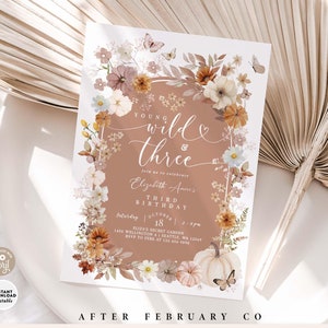 3e anniversaire, citrouille d'automne, fleurs sauvages, jeune sauvage et trois, invitation anniversaire automne, invitations modèle imprimable 1220K1 (3)