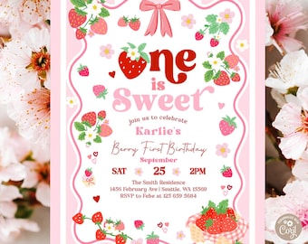 Strawberry One is Sweet 1st Birthday Invitation: Picnic Berry Birthday Invite Template 44K2 (1-1)