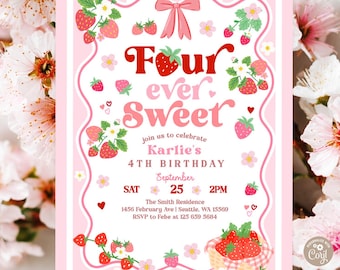 FOUR Ever Sweet 4th Birthday Strawberry Invitation: Summer Picnic Invite Template 44K2 (4)