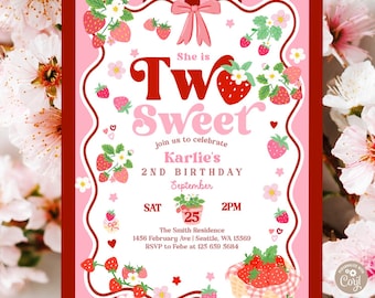 Strawberry Two Sweet 2nd Birthday Invitation: Summer Picnic Invite Template 44K1 (2)