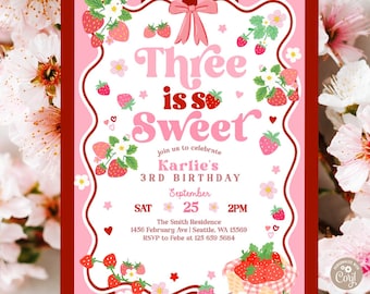 Strawberry Three is so Sweet 3rd Birthday Invitation: Summer Picnic Invite Template 44K1 (3)