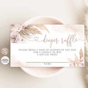 EDITIERBARE Rosa Pampasgras Boho-Windel-Verlosungskarte Druckbare Pampasgras-Babyparty-Einsatzvorlage Sofort-Download 411V1