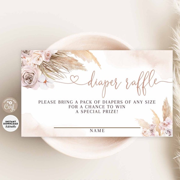 EDITABLE Pink Pampas Grass Boho Diaper Raffle Ticket Printable Pampas Grass Baby Shower Insert Template Instant Download 411V1