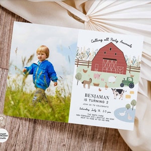 May include: A printable invitation for a farm-themed birthday party. The invitation features a red barn, farm animals, and a tractor. The text on the invitation reads "Calling all Party Animals" and "Benjaman is turning 2".