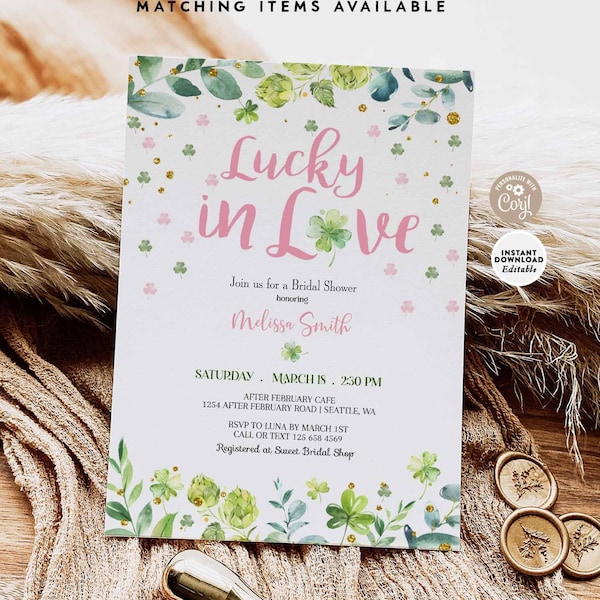EDITABLE Lucky In Love Irish Bridal Shower Invitation St Patrick's Day Shamrock Bridal Shower Invite Template Instant Download 200BR2 (1)