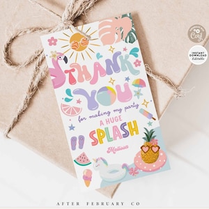 Etiquetas editáveis para festa na piscina Etiquetas de aniversário para piscina Etiquetas de agradecimento para festa na praia Etiquetas de lembrancinhas Modelo digital 329K1