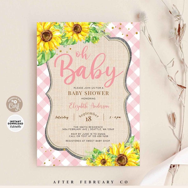 EDITABLE Rustic Sunflower Baby Shower Invitation Picnic Pink Gingham Baby Shower Brunch Invite Invites Template Instant Download  949V2