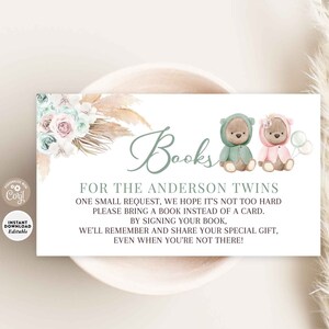 EDITABLE Boho Twin Boy Girl Sage Vert Rose Ours en peluche Pampas Grass Books pour bébé Apportez un livre Insert Imprimable Téléchargement instantané 400T1