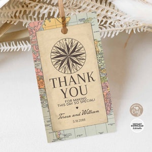 May include: A vintage-style thank you tag with a compass rose design and a world map background. The text reads "Thank You for making this day so special!" with the names "Teresa and William" and the date "5.18.2088".
