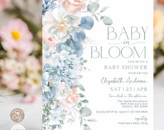Editable Dusty Blue Pink Baby In Bloom Invitation Floral Boy Girl Baby Shower Invitation Sprinkle Invite Printable Template 220V1 (1)